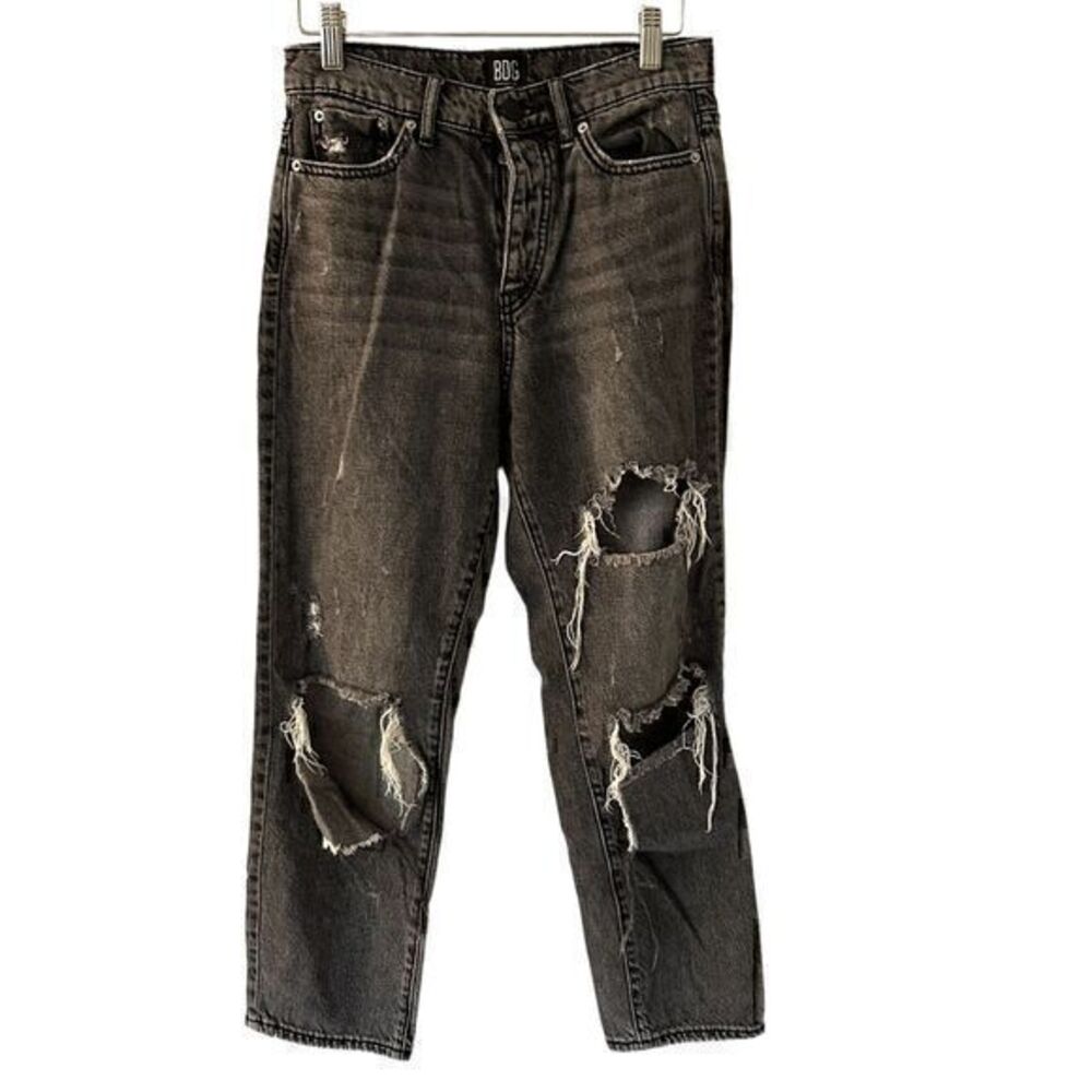 BDG‎ Dark Grey Button Fly Distressed Rips High Rise Slim Straight Jeans Size 26